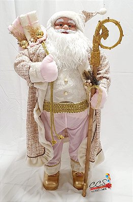 Boneco Gigante Papai Noel em Pé Rosa Bebê e Dourado, Segurando Cajado com Saco de Presente nas Costas 1.20mts - Ref 73690001 D&A