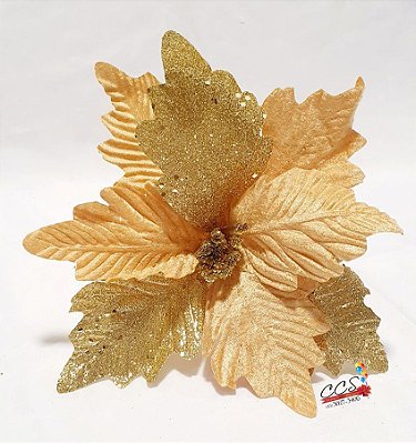 Flor de Natal Bico de Papagaio Dourado com Glitter 15cm - Ref 74696002 D&A
