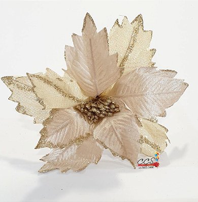 Flor de Natal Bico de Papagaio Aveludado Champanhe com Glitter - Cabo Longo 55cm - Ref 66284001 D&A