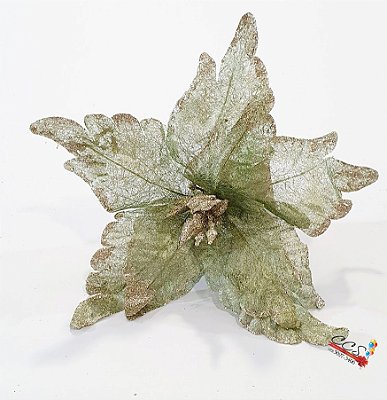 Flor de Natal Poinsetia Verde Claro e Ouro - Flores Cabo Curto - Ref 1920228 Cromus Natal