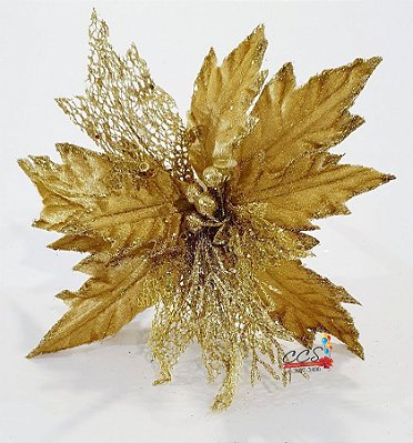 Flor de Natal Poinsetia Ouro com Glitter - Flores Cabo Curto - Ref 1719634 Cromus Natal