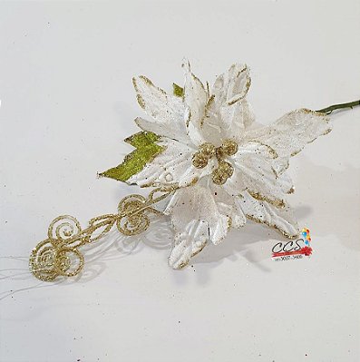 Flor de Natal Poisenttia Branca com Borda Gliter Dourado e Galho de Glitter - Flores Cabo Curto - Ref 1711880 Cromus Natal