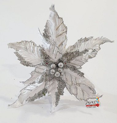 Flor de Natal Poinsetia de Veludo Branca com Borda e Miolo Prata - Flores Cabo Médio - Ref 1361064 Cromus Natal