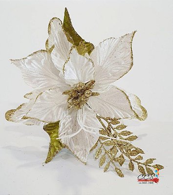 Flor de Natal Poinsetia de Veludo Branca com Borda e Miolo Dourado e Galho de Folhas Glitter Ouro - Flores Cabo Médio - Ref 1641635 Cromus Natal