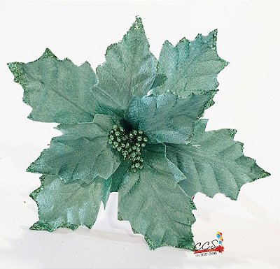 Flor de Natal Poinsetia de Veludo Verde Tiffany com Borda e Miolo de Glitter Verde - Flores Cabo Médio - Ref 1200362 Cromus Natal