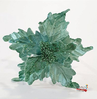 Flor de Natal Poinsetia de Veludo Verde Tiffany com Borda e Miolo de Glitter Verde - Flores Cabo Médio - Ref 1200354 Cromus Natal