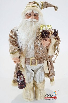 Boneco Papai Noel em Pé Segurando Presente e Lampião Dourado 60cm - Ref 72540001 D&A