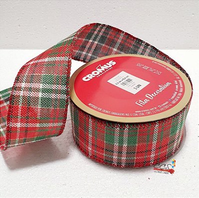Fita Aramada de Natal Xadrez Vermelho, Verde e Bege 6,3cmx9,14m - Fitas Natalinas - Ref 1923223 Cromus