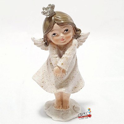 Enfeite Decorativo de Resina Menina Anja com Vestido Branco e Coroa 10.5cm - Ref RS323 Tok da Casa