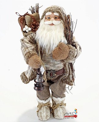 Boneco Papai Noel em Pé Roupa Bege Marrom Segurando Lanterna e Saco de Presente 60cm - Ref 73708001 D&A