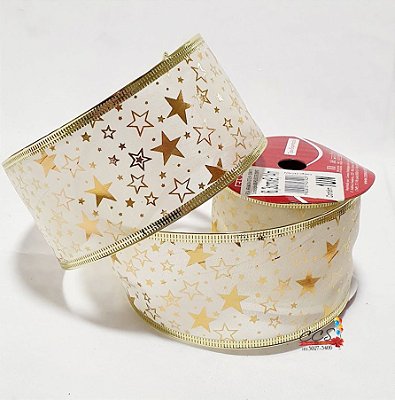 Fita de Natal Aramada Estrelas Ouro com Branco 6,3cm x 9,14cm - Fitas Natalinas - Ref 1417972 Cromus Natal