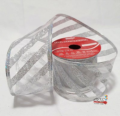 Fita de Natal Aramada Voal Prata com Listras Glitter Prata 6,3cmx9,14cm - Fitas Natalinas - Ref 1418260 Cromus Natal