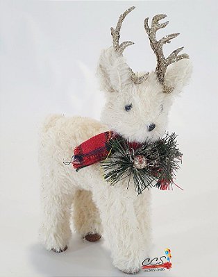 Rena Decorativa em Pé de Pelúcia Branca com Fios Dourado com Laço Xadrez no Pescoço - Ref 1025452 Cromus Natal