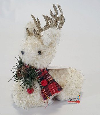 Rena Decorativa Deitada de Pelúcia Branca com Fios Dourado com Cachecol Xadrez no Pescoço - Ref 1025453 Cromus Natal