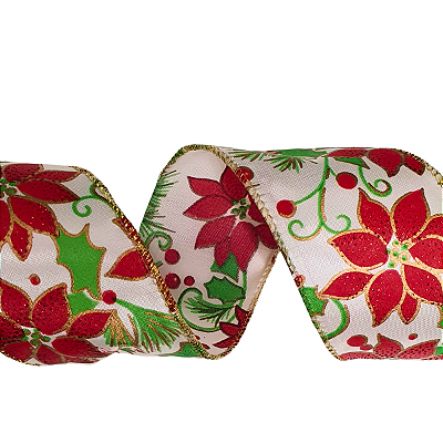 Fita de Natal Aramada Estampa de Flores Poisettia 6,3x9x14cm - Fitas Natalinas - Ref 1014288 Cromus Natal