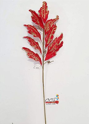 Galho Decorativo de Natal Folhas Aveludado Vermelho com Glitter Dourado 76cm - Ref 63864001 D&A