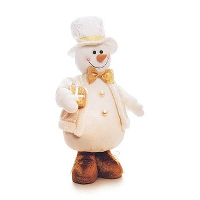 Boneco de Neve Em Pé com Gravata e Presente Branco e Dourado 40cm - Coleção Dinamarca - Ref 1412506 Cromus Natal