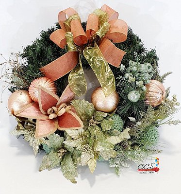 Guirlanda de Natal Decorada 60cm Rosê e Verde Eucalipto - Decoração Natalina - Ref 04112021 CCS Decorações Natal