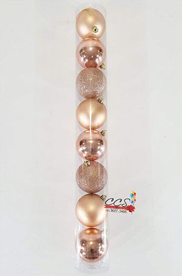 Bolas de Natal Rose Gold Lisa, Mate e Glitter 8cm com 8 Unidades - Bolas Natalinas - Ref 1714220 Cromus