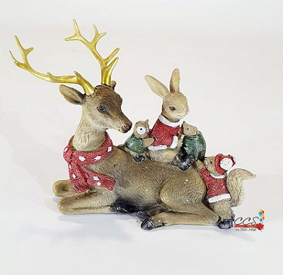 Enfeite Decorativo de Resina Rena Deitada com Animais - Ref 1017684 Cromus Natal