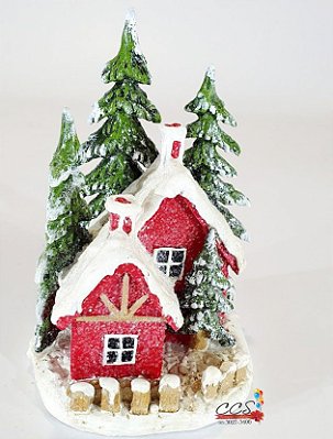 Enfeite Decorativo de Resina Chalé com Cerca e Pinheiros Nevados - Ref 1017334 Cromus Natal