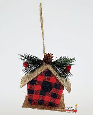 Enfeite Decorativo de Natal Casinha Xadrez Vermelho e Preto com Galho de Pinheiro - Ref 1019690 Cromus Natal