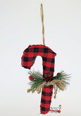 Enfeite Decorativo de Natal Bengala Xadrez Vermelho e Preto com Galho de Pinheiro - Ref 1019695 Cromus Natal