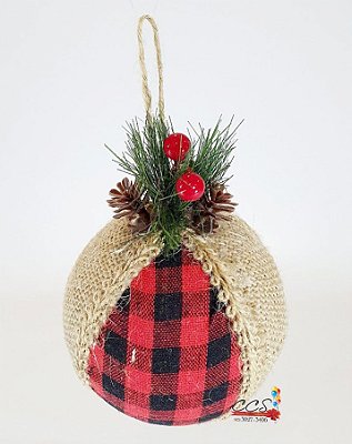 Bola Decorativa de Natal Xadrez Vermelho Preto com Detalhes em Juta 10cm - Ref 1201462 Cromus Natal