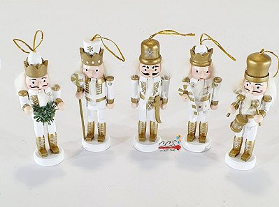 Enfeite Para Pendurar Quebra Nozes Branco e Dourado Jogo com 5 Unidades - Ref 1027274 Cromus Natal