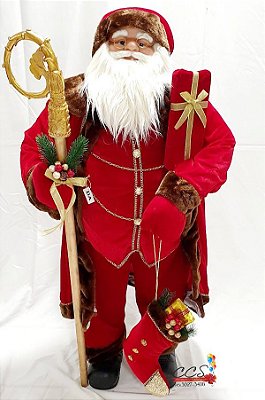 Boneco Gigante Papai Noel em Vermelho e Dourado, Segurando Cajado com Saco de Presente nas Costas 1.20mts - Ref 73685001 D&A