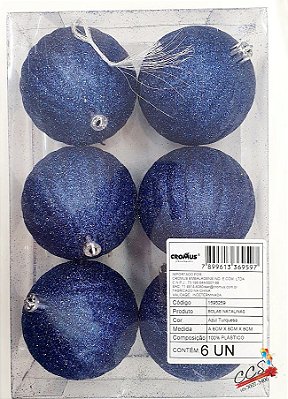 Bolas de Natal Glitter com Listras Azul Turquesa 8cm Jogo com 6 Bolas - Bolas Natalinas - Ref 1595259 Cromus Natal