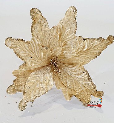 Flor de Natal Poisenttia Nude com Glitter Dourado - Flores Cabo Médio - Ref 1024453 Cromus Natal