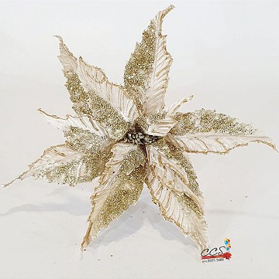 Flor de Natal Poisenttia Gigante Aveludada Nude e Dourada 48cm - Flores Cabo Longo - Ref 1024185 Cromus Natal
