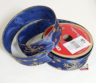 Fita Aramada de Natal Azul Turqueza e Dourado com Flocos de Neve de Glitter 38mm x 9,14 mts - Fitas Natalinas - Ref 1012953 Cromus Natal