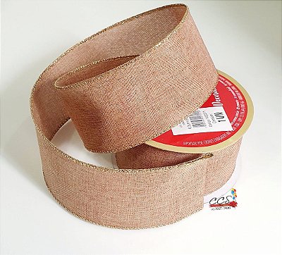 Fita Aramada de Juta Marom com Borda Dourada 63mm x 9,14mts - Fitas Decorativas - Ref 1022071 Cromus
