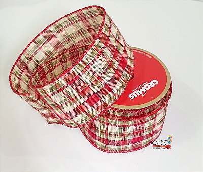 Fita de Natal Aramada Xadrez Vermelho Verde e Cru 6,3cmx9x14cm - Fitas Natalinas - Ref 1020952 Cromus Natal