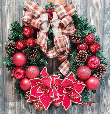 Guirlanda de Natal Decorada Vermelha com Flores, Bolas e Pinhas - Ref 12112021 CCS Natal
