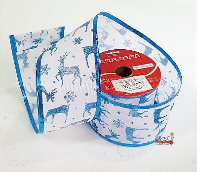 Fita de Natal Aramada Branca com Renas Azul Claro de Glitter 6,3x9,14cm - Fitas Natalinas - Ref 1614198 Cromus Natal