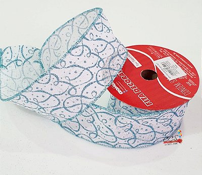 Fita de Natal Aramada Juta Branca com Arabesco Glitter Azul Claro 6,3x9,14cm - Fitas Natalinas - Ref 1418191 Cromus Natal