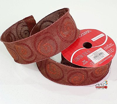 Fita de Natal Aramada Juta Marrom com Caracol de Glitter Marrom e Cobre 6,3x9,14cm - FItas Natalinas - Ref 1613696 Cromus Natal