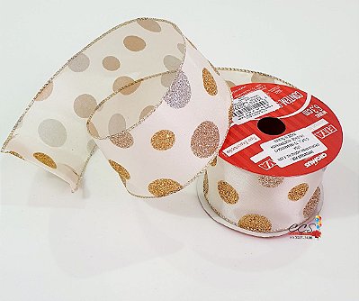 Fita de Natal Aramada Marfim com Bolas Prata e Dourado 6,3x9,14cm - Fitas Natalinas - Ref 1317108 Cromus Natal