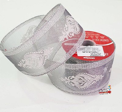 Fita de Natal Aramada Prata com Desenho Branco Glitter 6,3x9,14cm - Fitas Natalinas - Ref 1410849 Cromus Natal