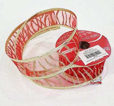 Fita de Natal Aramada Organza Vermelho Com Estampa Zebra de Glitter 3,28x9,14cm - Fitas Natalinas - Ref 1317258 Cromus Natal