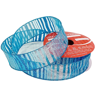 Fita de Natal Aramada Organza com Listras de Gliter Azul Claro e Prata 3,8cmx9,14m - Fitas Natalinas - Ref 1512264 Cromus Natal