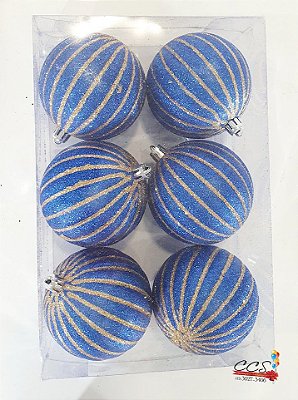 Bola de Natal Azul com Listras Ouro 8cm Jogo com 6 Unidades - Bolas Natalinas - Ref 1690277 Cromus Natal