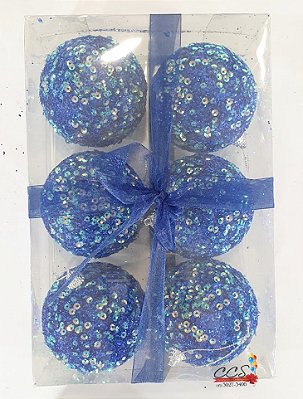Bolas de Natal Azul Escuro com Paetê 8cm Jogo com 6 Unidades - Bolas Natalinas - Ref 1510859 Cromus Natal