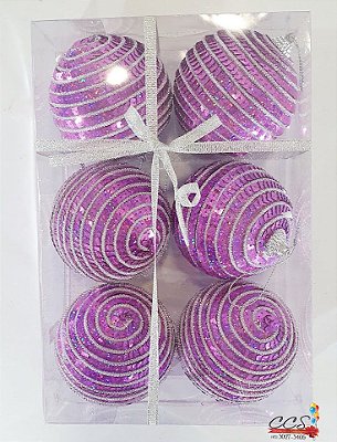 Bola de Natal Lantejoula Lilas com Detalhe Prata 8cm Jogo com 6 Unidades - Bolas Natalinas - Ref 1214083 Cromus Natal