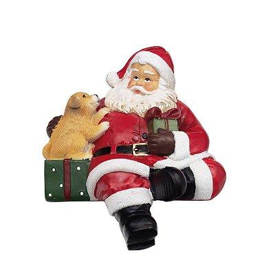 Papai Noel Decorativo de Resina Sentado com Cachorro e Presentes - Colecionáveis de Resina- Ref 1017742 Cromus Natal
