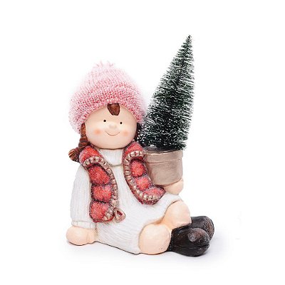 Enfeite de Resina Menina Sentada Segurando Árvore de Natal com Led Claro 3AAA - Ref 1018033 Cromus Natal
