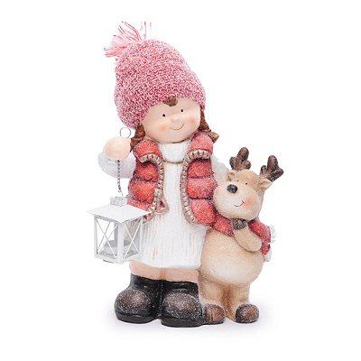 Enfeite Decorativo de Resina Menina em Pé Segurando Lampião com Rena ao Lado - Ref 1018030 Cromus Natal